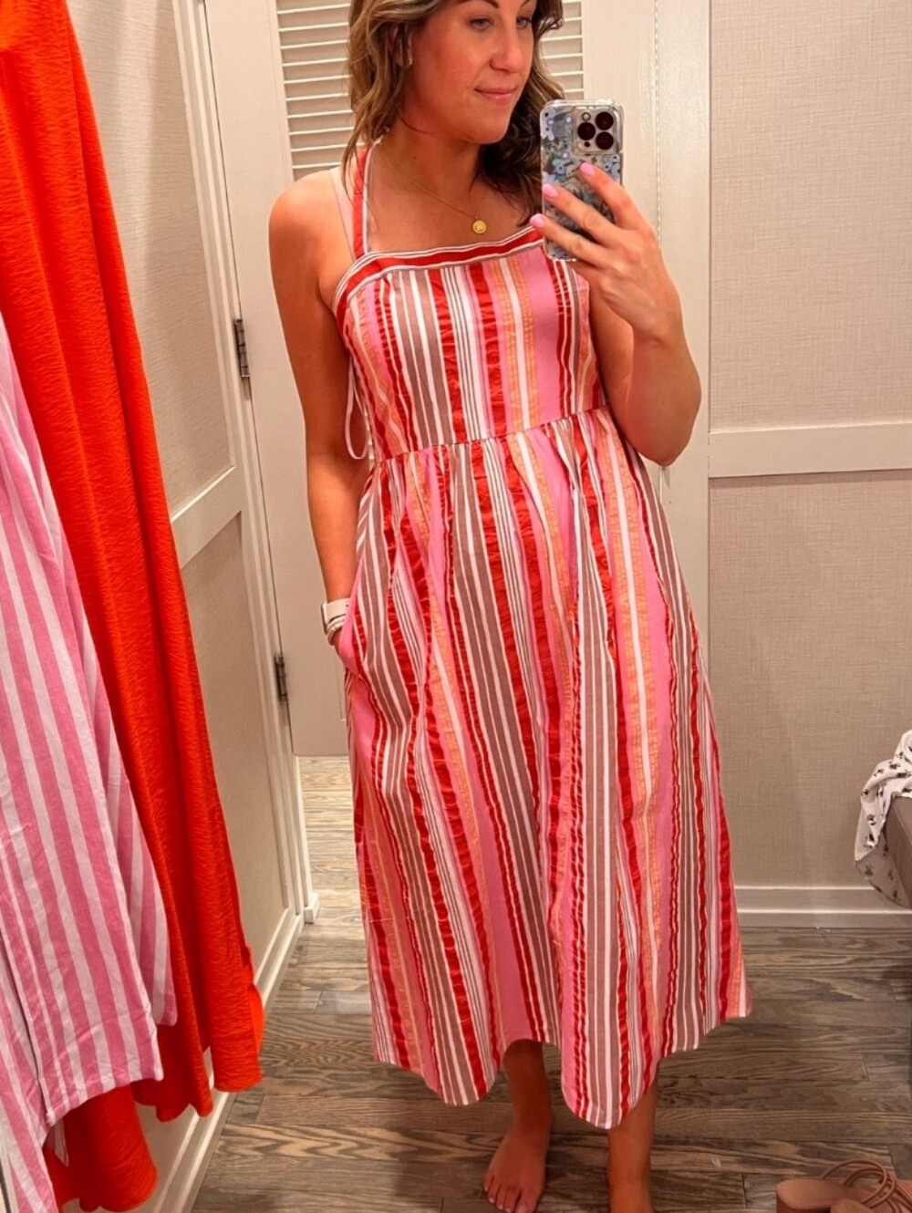 LOFT Pink & Red Striped Midi Sundress